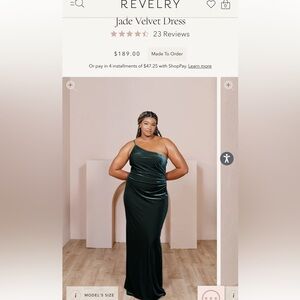Revelry “Classic Emerald” Jade velvet bridesmaid dress. Worn once. Size 4.